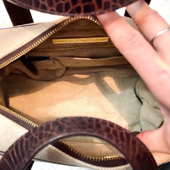 Vintage Diane Von Furstenberg Croc Embossed Leather and Cream Canvas Handbag - Picture 11 of 11